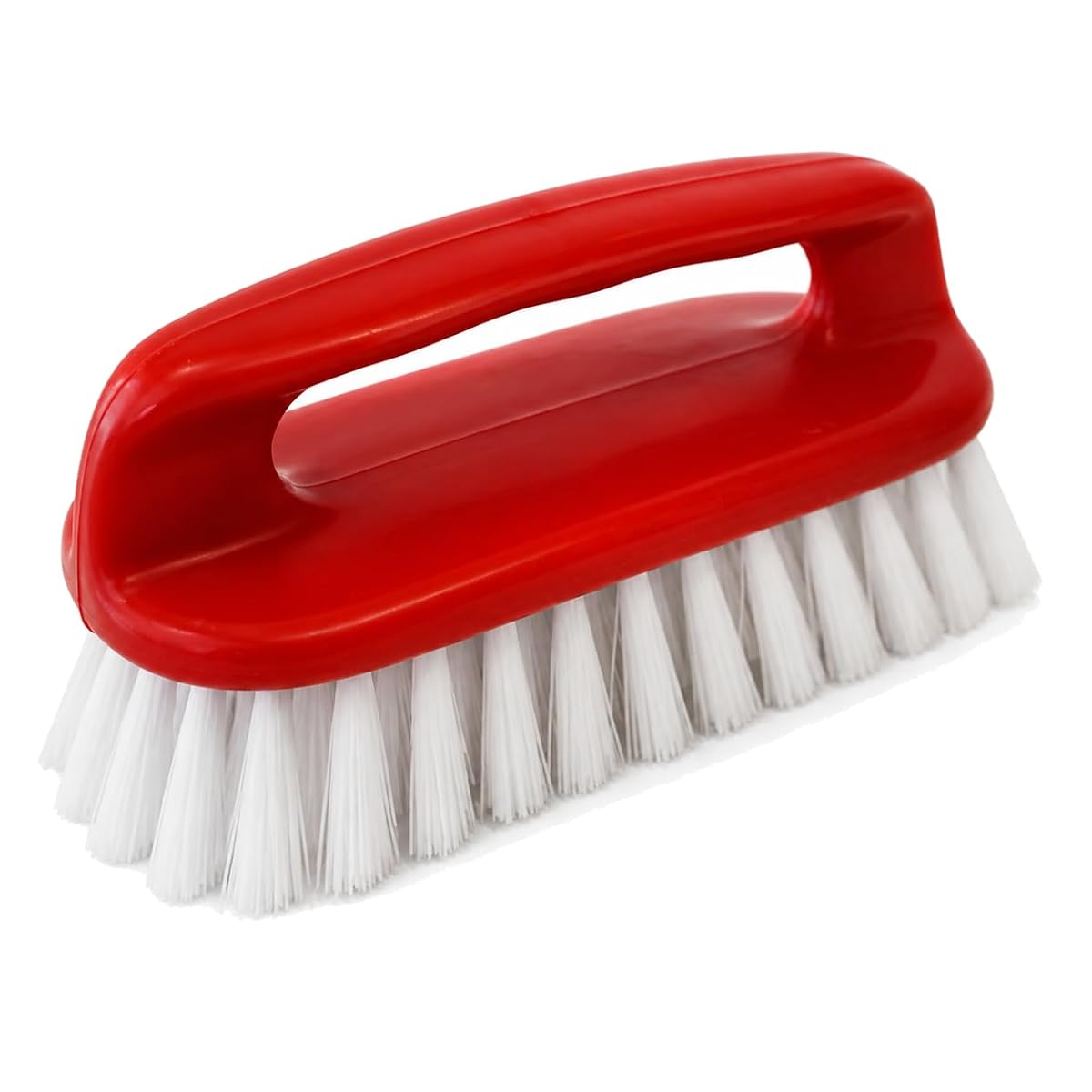 Brosse à linge rouge à poignée ergonomique et poils ondulés posée sur du lin écru