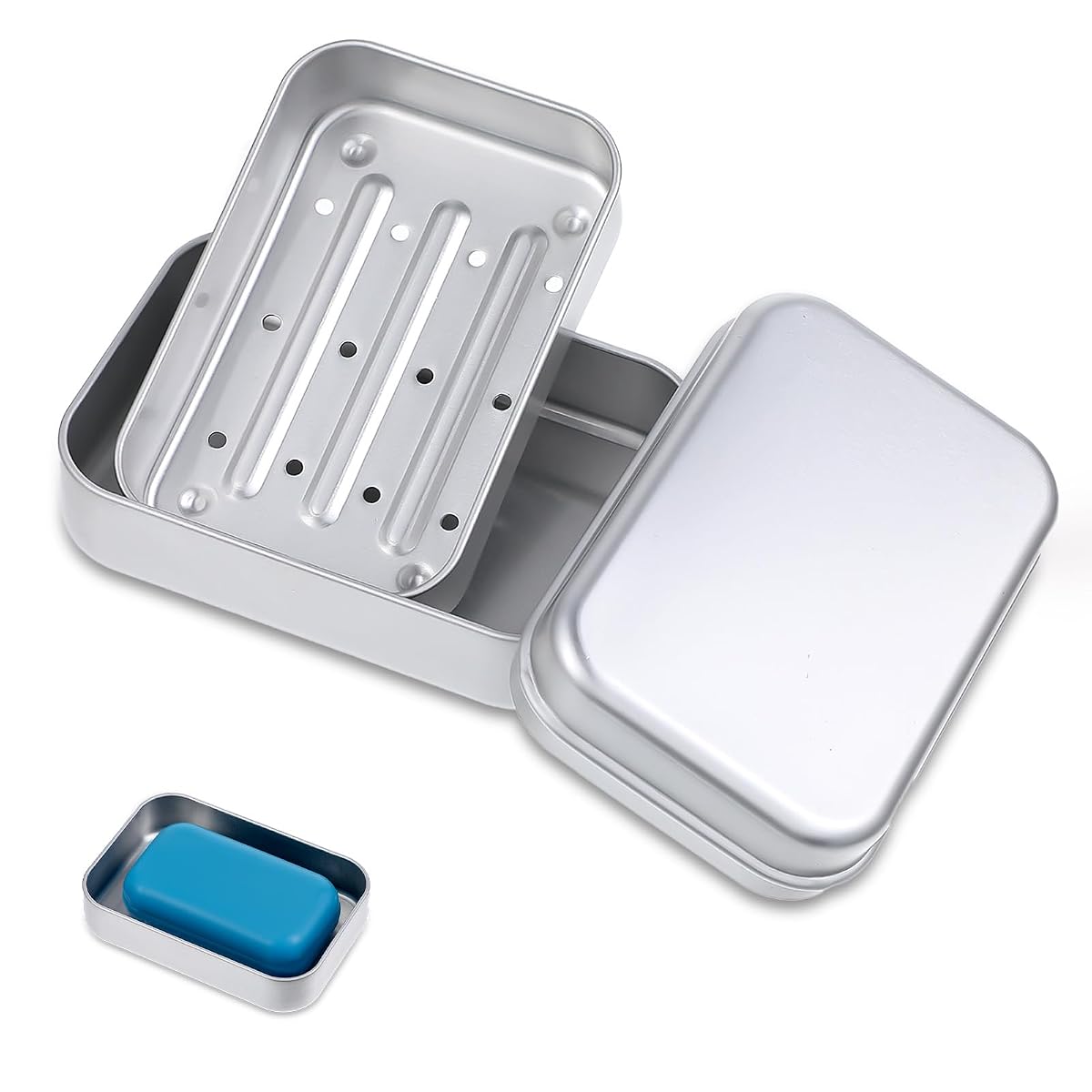 Boîte à savon Tyqour en aluminium avec couvercle et égouttoir amovible posée sur du lin écru