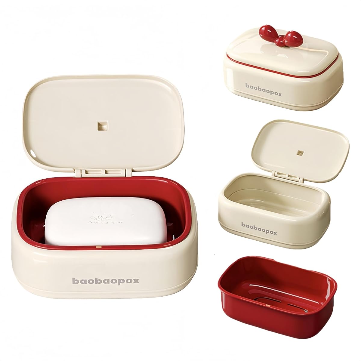 Boîte à savon blanche avec couvercle décoré d’un nœud papillon et plateau amovible