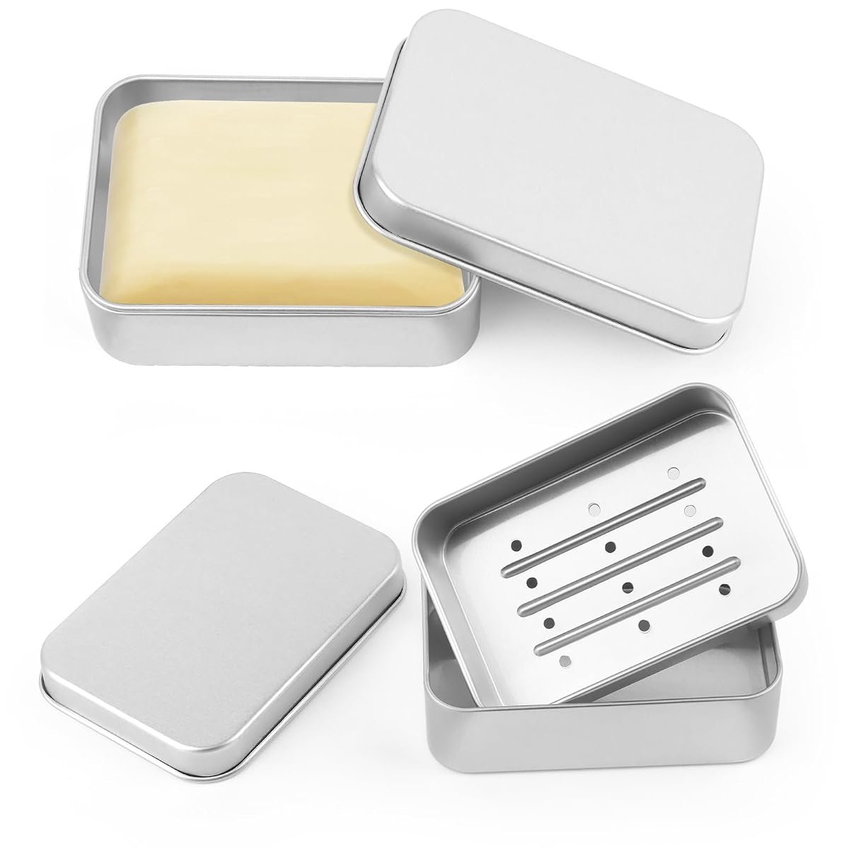 Deux boîtes à savon en aluminium, l’une ouverte avec son égouttoir amovible visible.