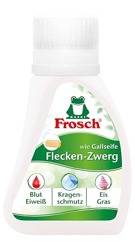 Petit contenant blanc de détachant liquide Frosch posé sur du lin écru dans une buanderie