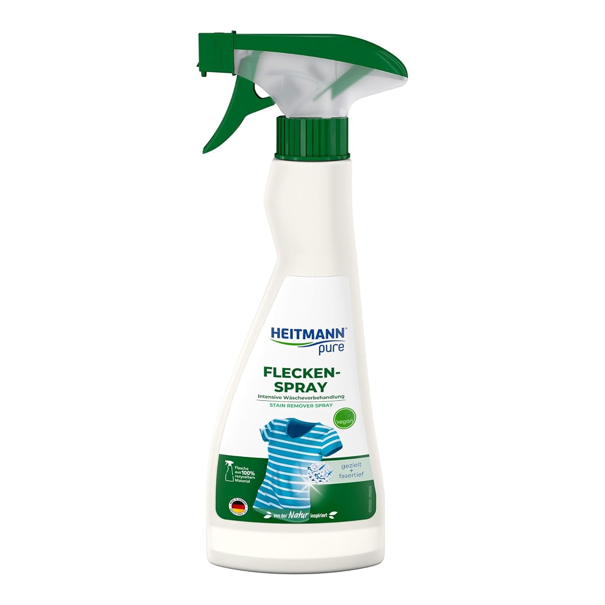 Flacon jaune de spray détachant végétal posé sur du lin écru dans une buanderie sobre