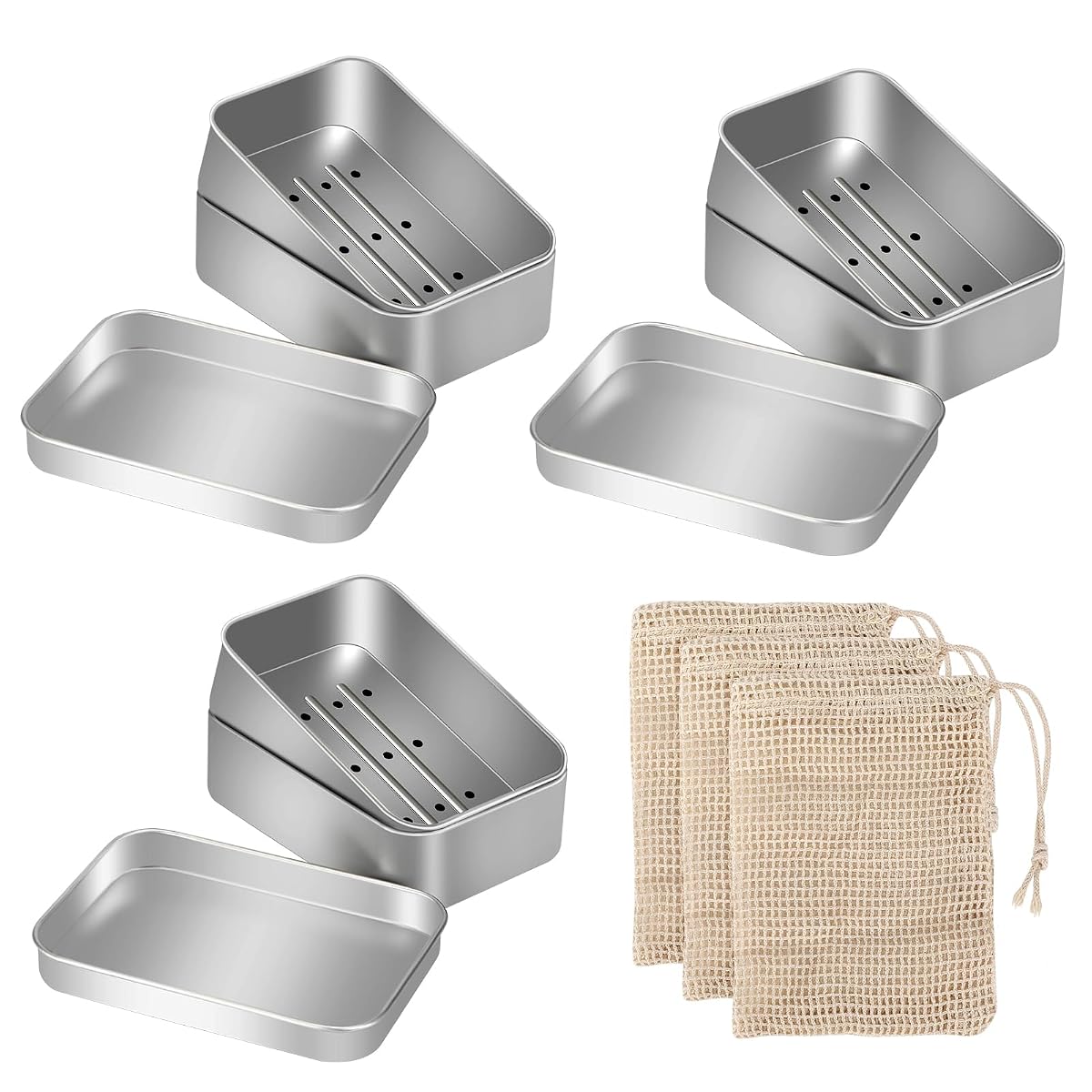 Trois boîtes à savon en aluminium avec égouttoirs et trois sachets en sisal