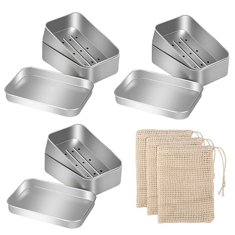 Trois boîtes à savon en aluminium avec égouttoirs et trois sachets en sisal