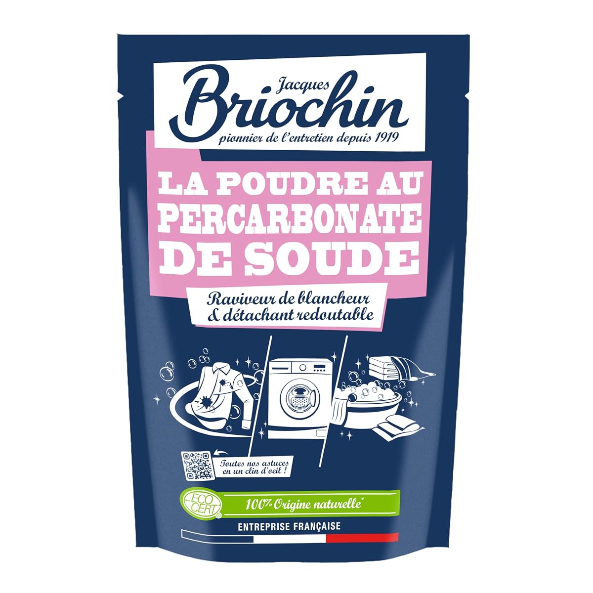 Poudre blanche au percarbonate dans une coupelle en céramique, posée près d’un linge blanc plié