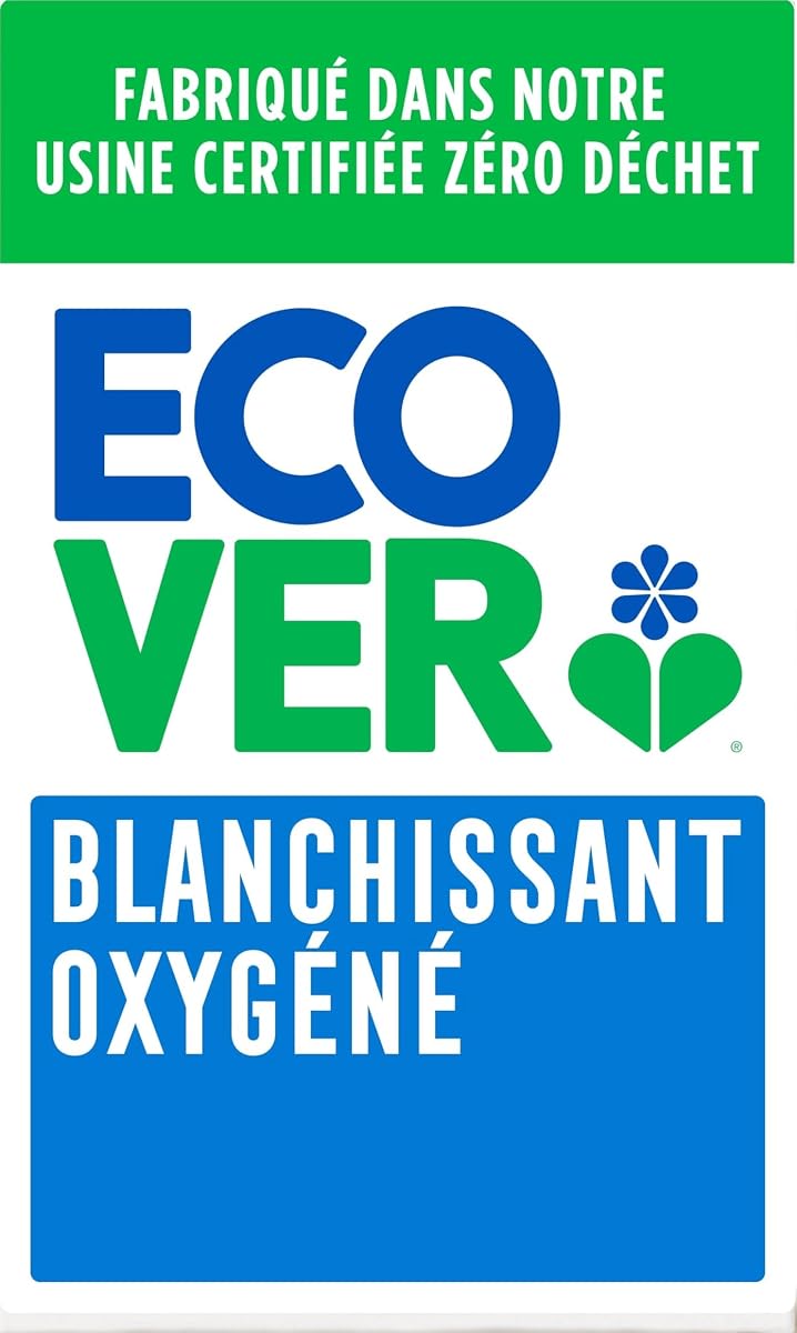 Poudre blanchissante oxygénée dans une boîte neutre, posée sur du lin écru en buanderie