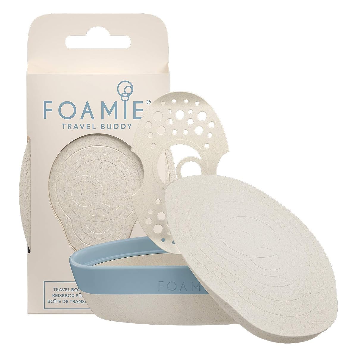 Boîte à savon de voyage Foamie beige et bleue, ouverte pour montrer son double fond.