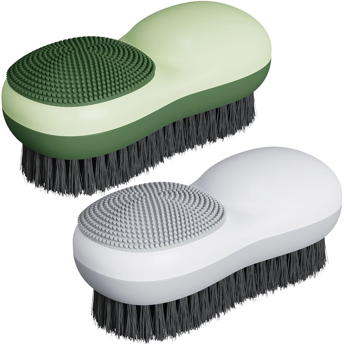 Deux brosses à linge vert et blanc, avec poils souples et faces texturées