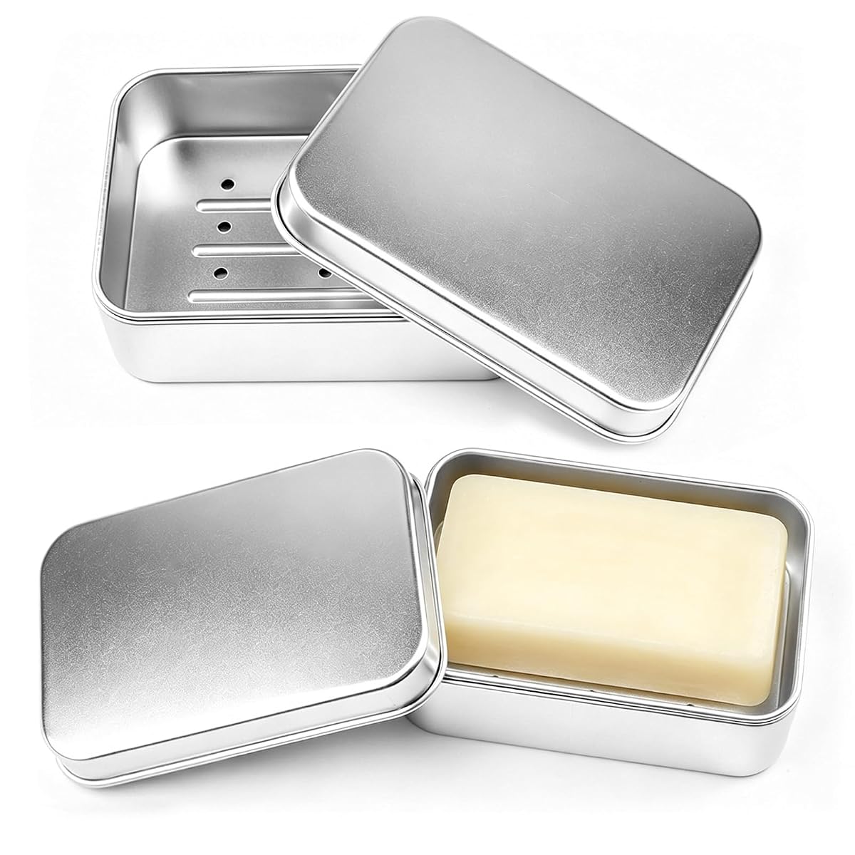 Deux boîtes à savon en aluminium, l’une ouverte avec son bac amovible visible