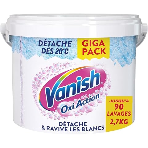 Pot neutre de poudre détachante blanche accompagné d’une dosette à tête frotteuse dans une buanderie