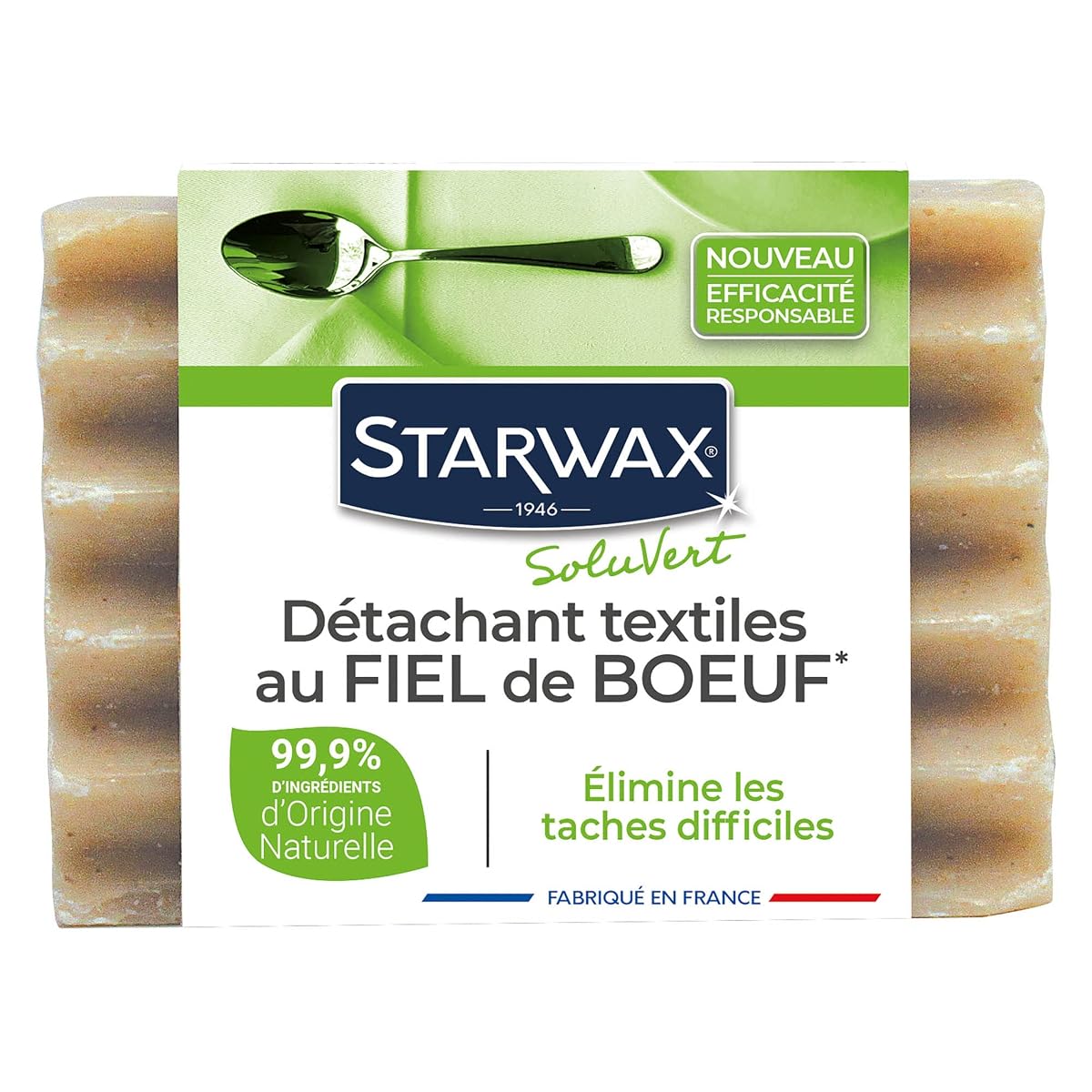 Pain de savon détachant solide au fiel de bœuf posé sur du lin écru