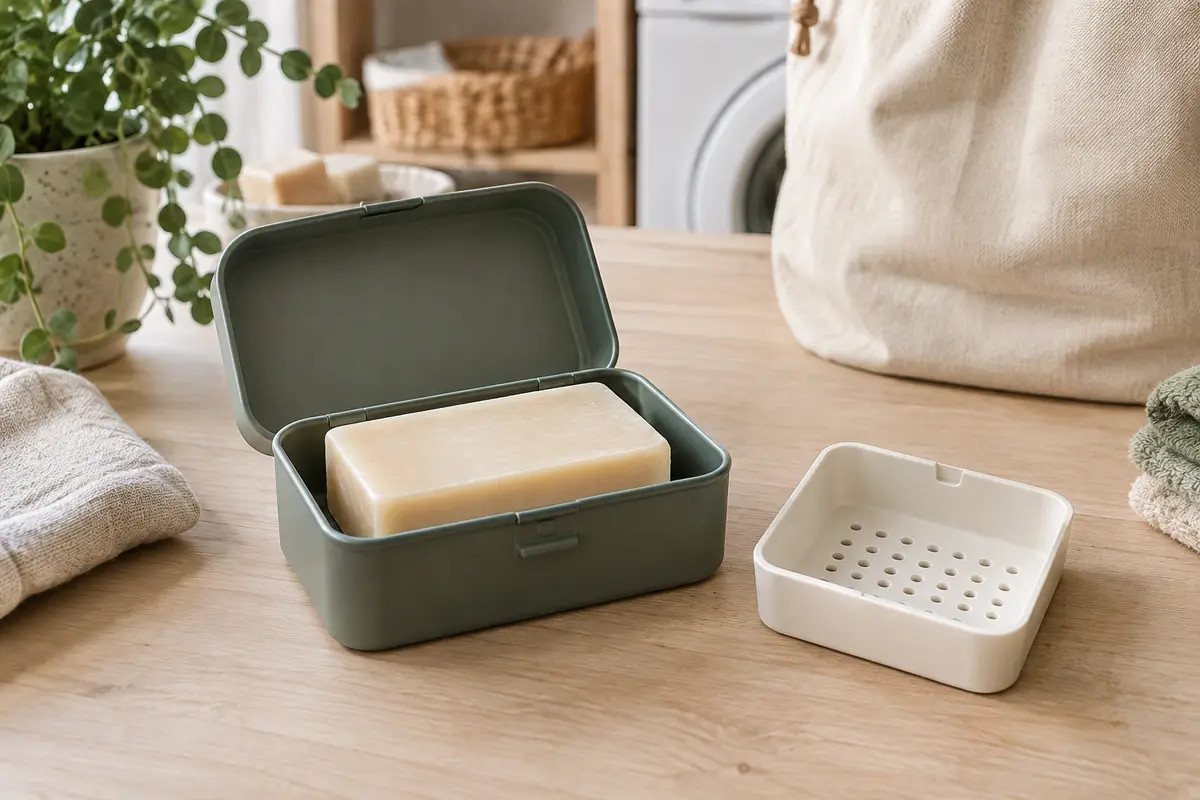 Savon détachant solide dans une boîte de transport ouverte, avec un insert amovible posé à côté