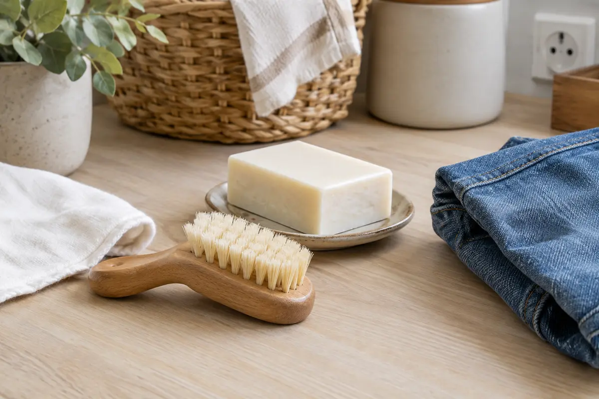 Brosse à linge à poils souples et savon solide près de tissus en coton et en jean