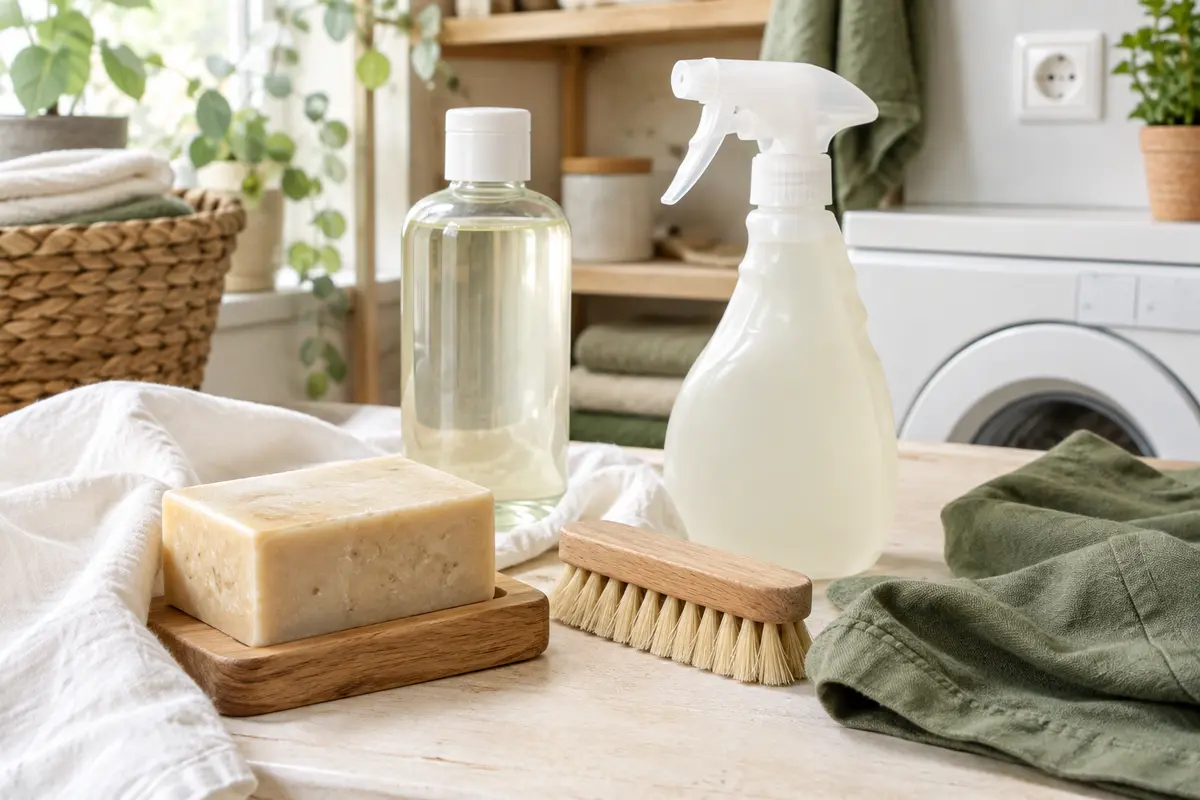 Pain, flacon, spray et brosse réunis près de tissus pour illustrer le choix d’un format de savon détachant.