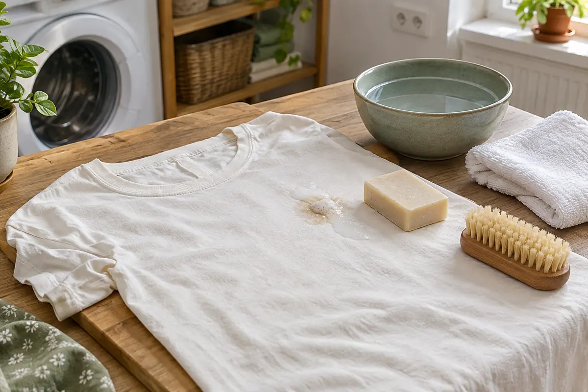 Vêtement posé à plat avec savon détachant et brosse douce pour illustrer un prétraitement prudent avant lavage.
