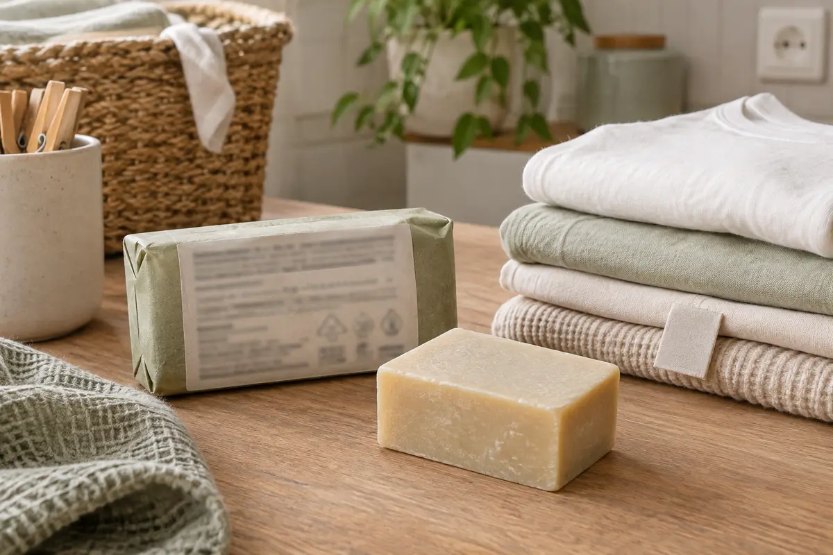 Savon détachant et emballage retourné près de linge plié, pour illustrer la lecture des consignes.