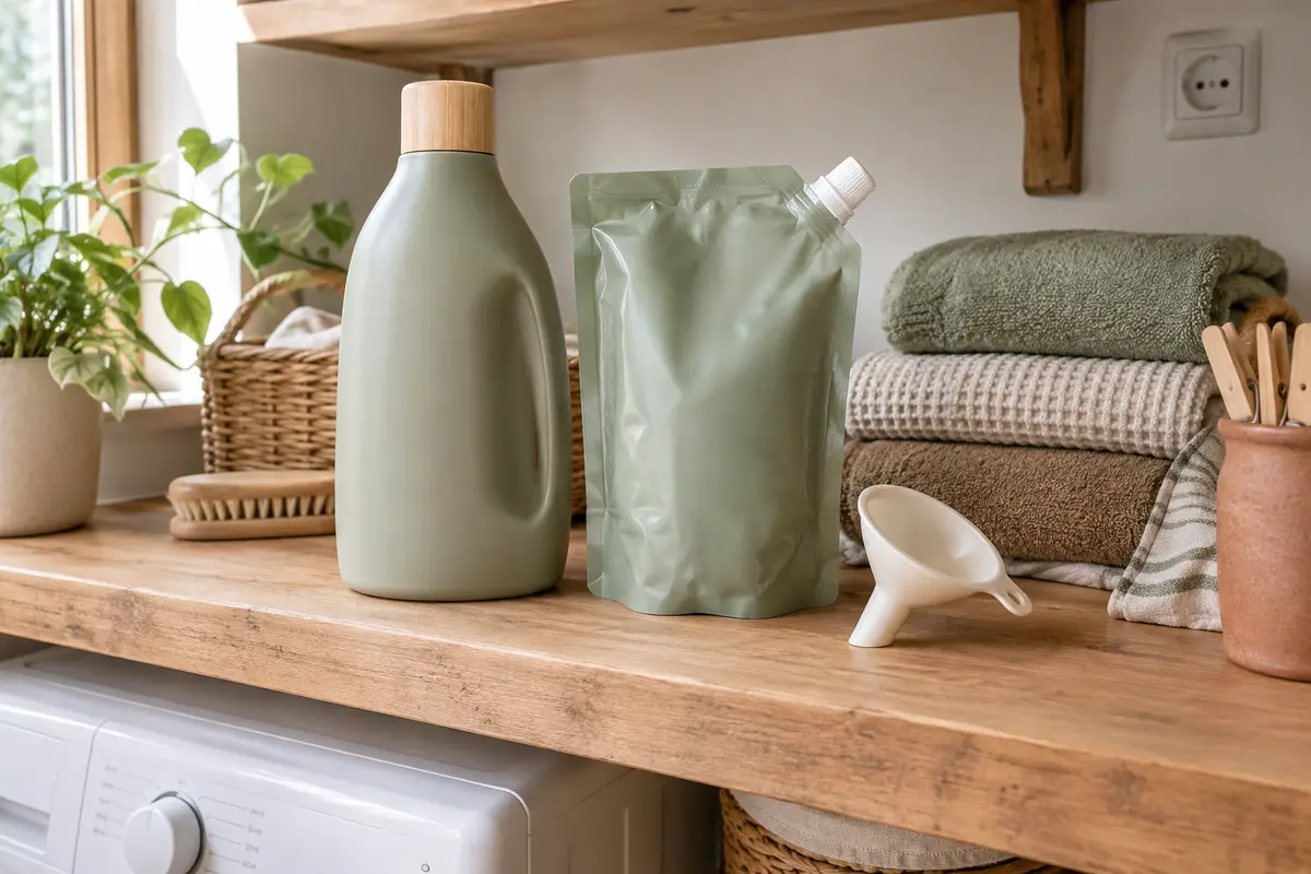 Flacon rechargeable et recharge souple de savon liquide rangés côte à côte dans une buanderie
