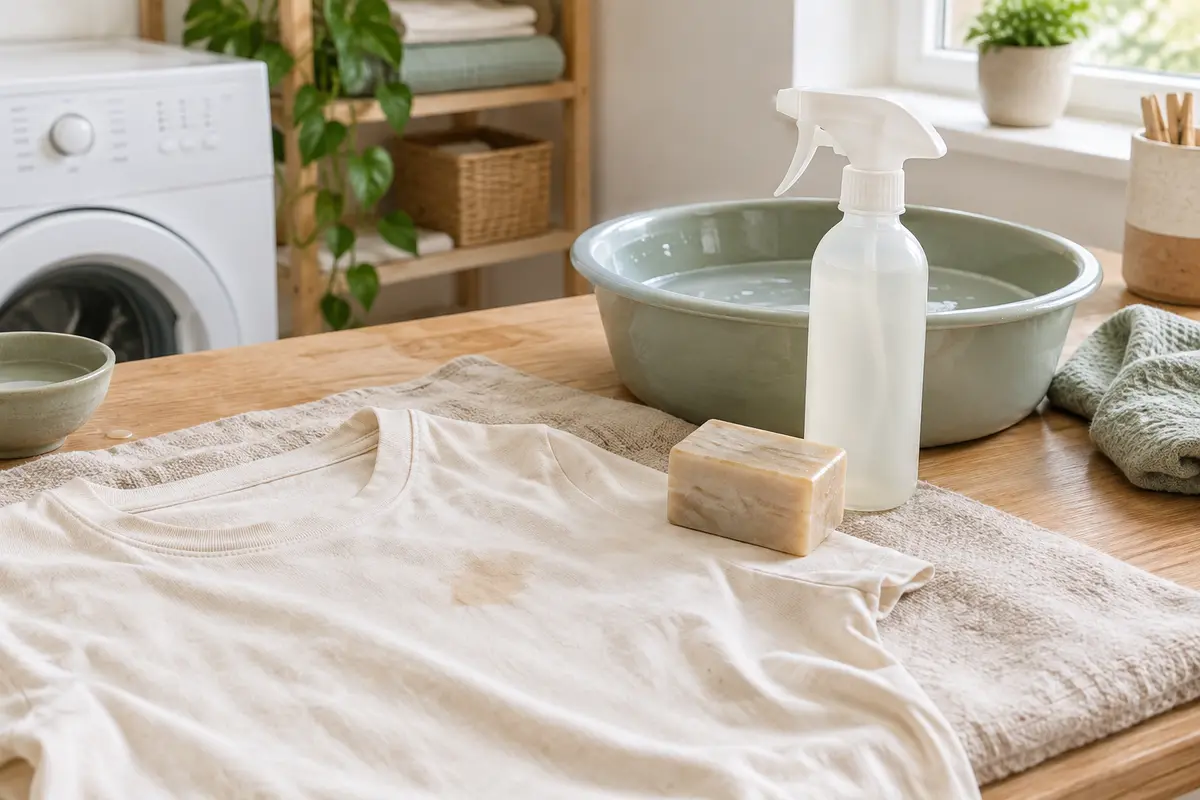 Vêtement posé près d’un savon détachant et d’un spray avant le lavage en machine