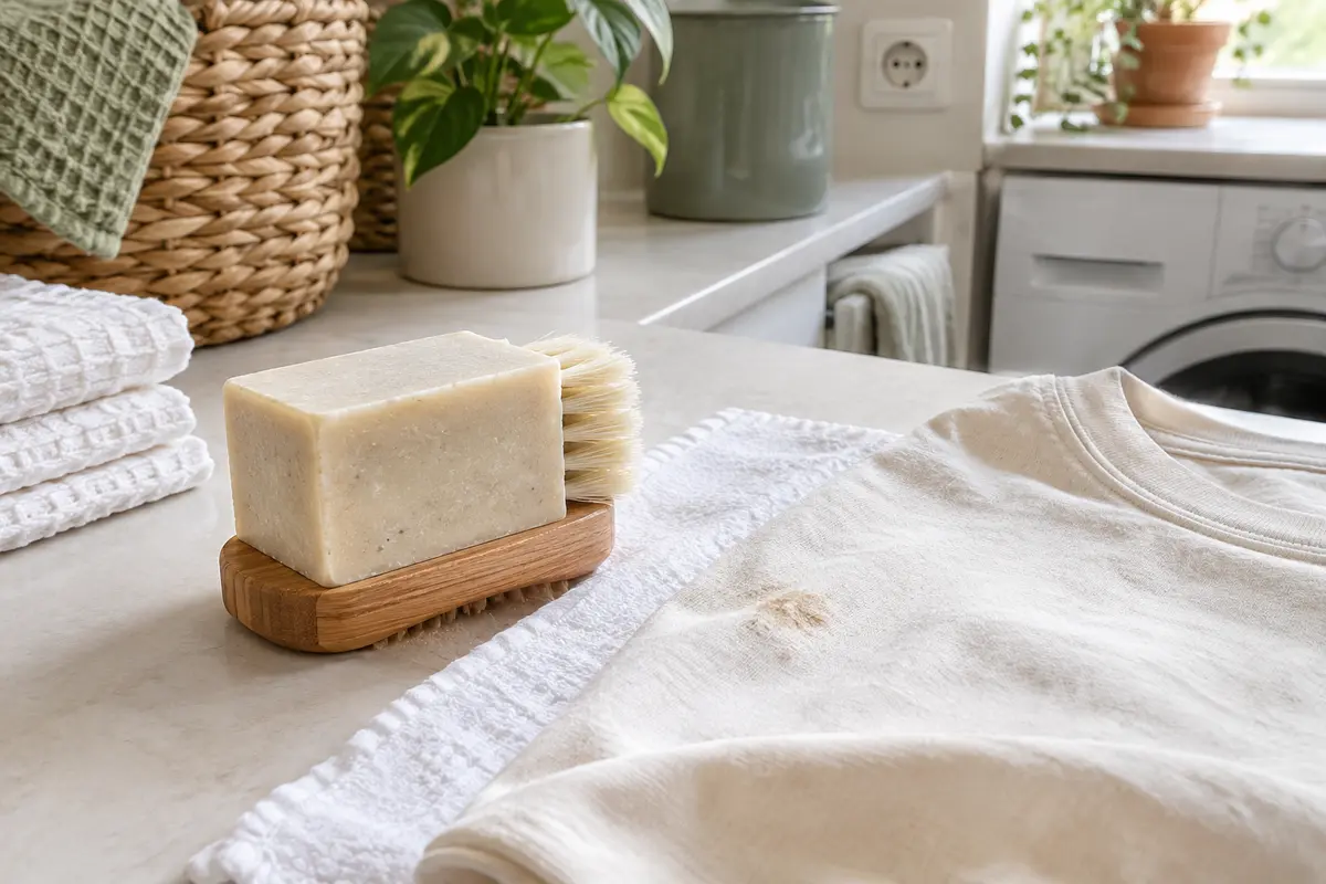 Savon détachant avec brosse applicatrice posé près d’une tache localisée sur un vêtement en coton