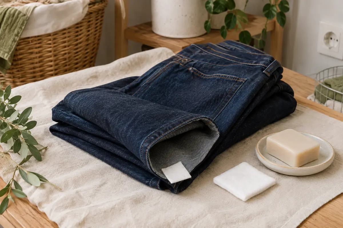 Jean en denim foncé plié avec un linge blanc et un savon pour illustrer le test d’un détachant.