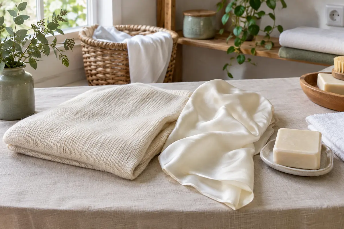 Échantillons de laine et de soie posés à côté d’un savon et d’un linge blanc propre