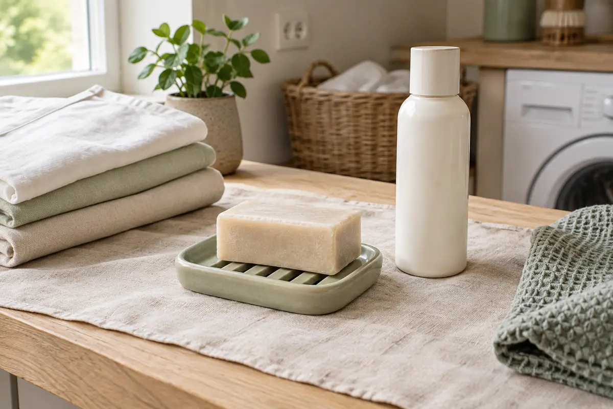 Pain de savon détachant sur un porte-savon ajouré, accompagné d’un flacon fermé dans une buanderie