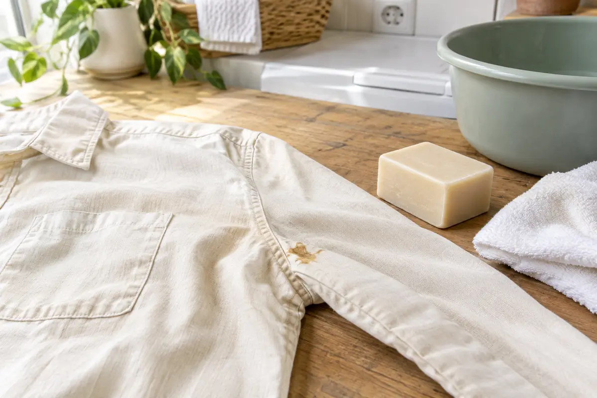 Vêtement clair taché de graisse, pain de savon détachant et linge absorbant posés sur une table