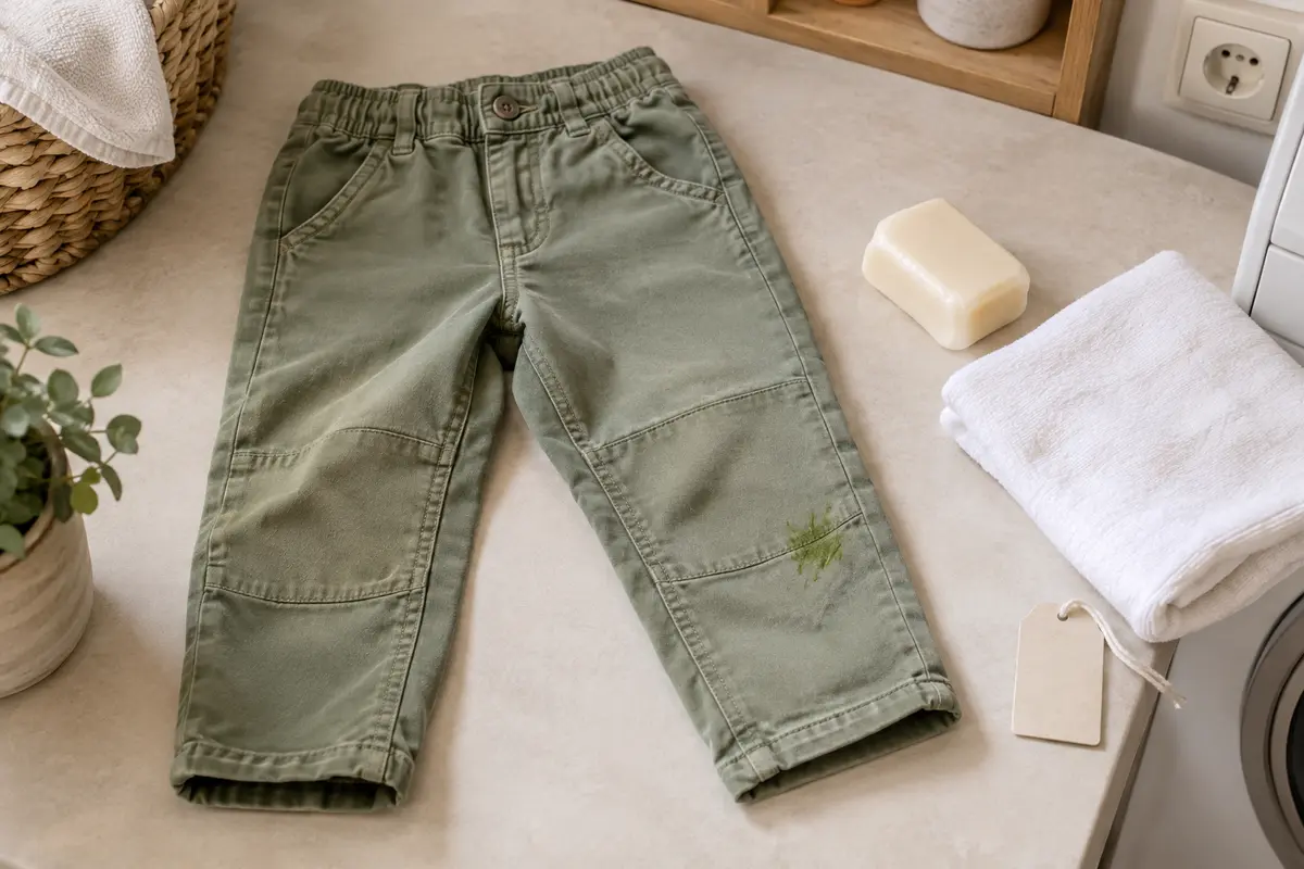 Pantalon d’enfant taché d’herbe posé près d’un savon détachant et d’un linge blanc propre