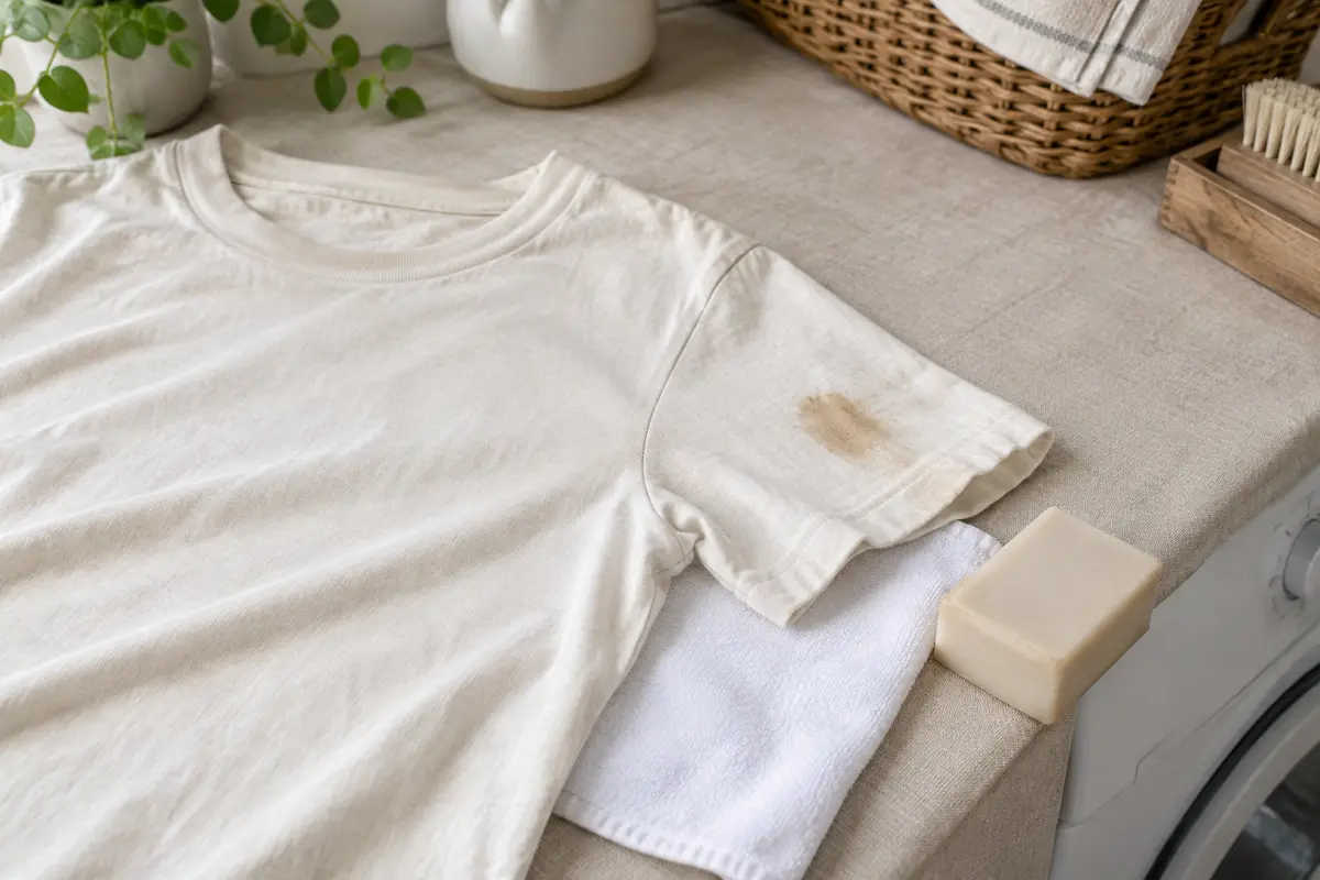 Vêtement clair avec une trace de fond de teint, posé sur un linge absorbant avant détachage.