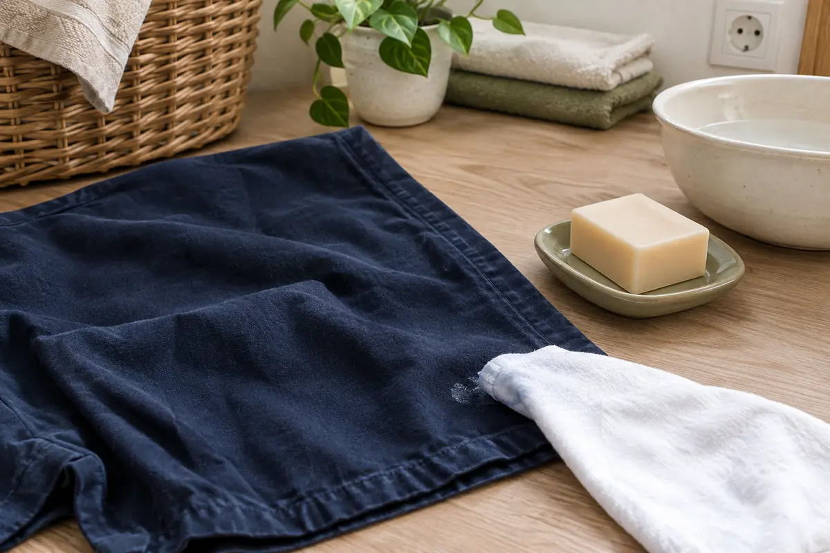 Essai discret d’un savon détachant sur l’ourlet intérieur d’un vêtement bleu avec un linge blanc