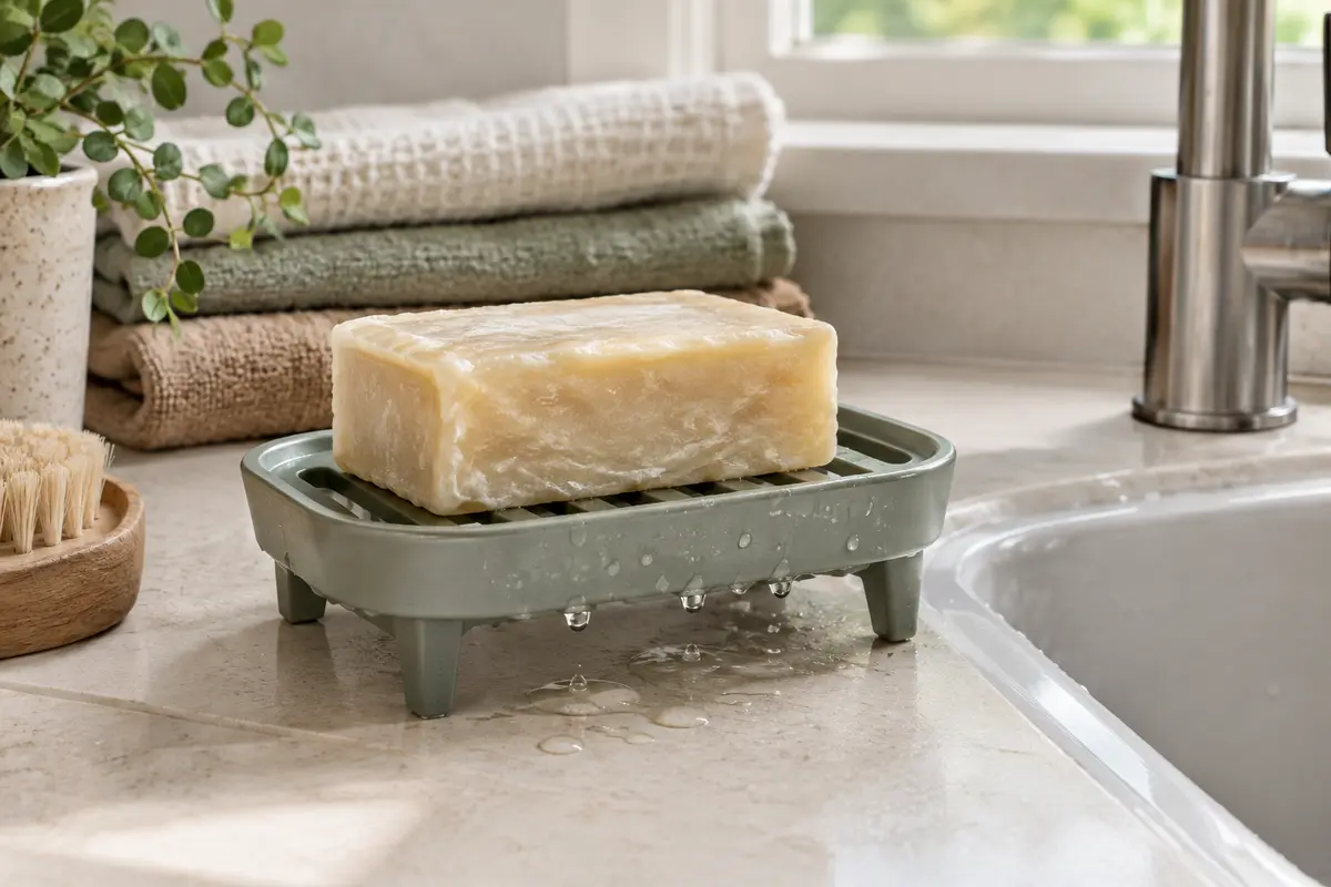 Pain de savon détachant posé sur un porte-savon ajouré qui laisse l’eau s’écouler