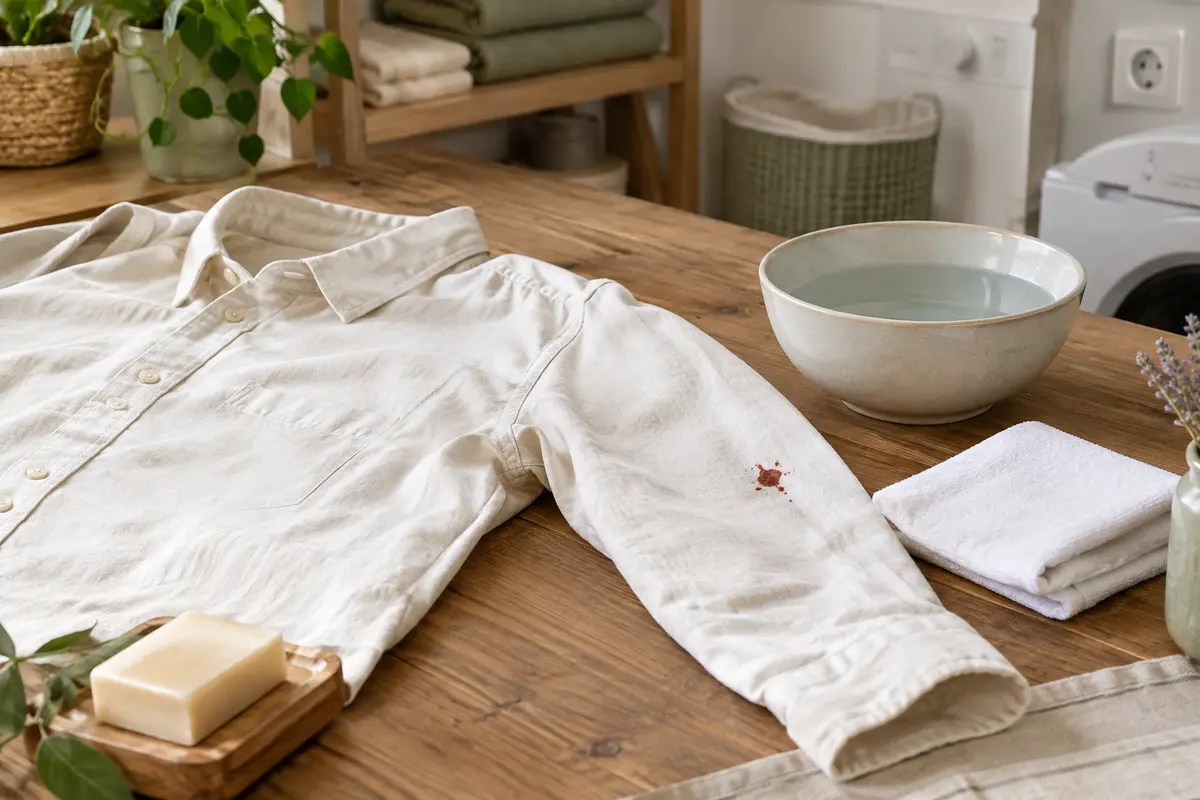Chemise claire avec une petite tache de sang, un bol d’eau froide et un linge blanc posés à proximité