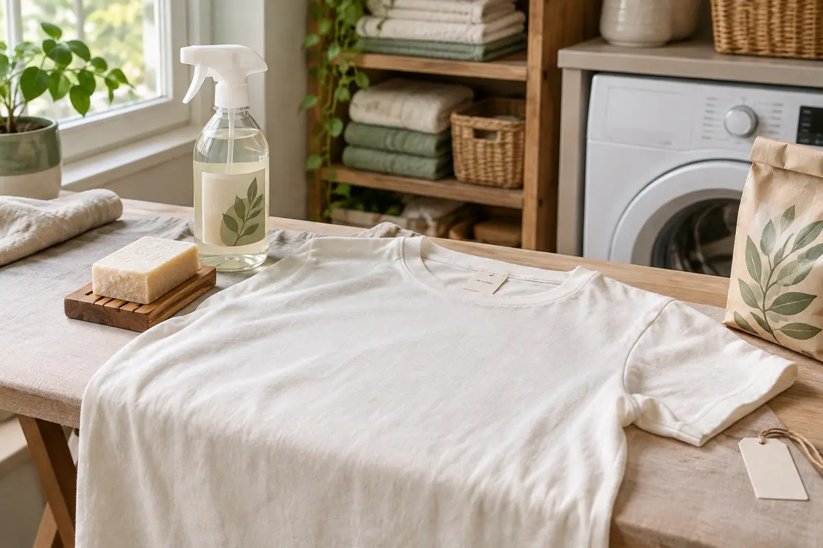Vêtement posé sur une planche à détacher avec un savon solide et un spray avant le lavage