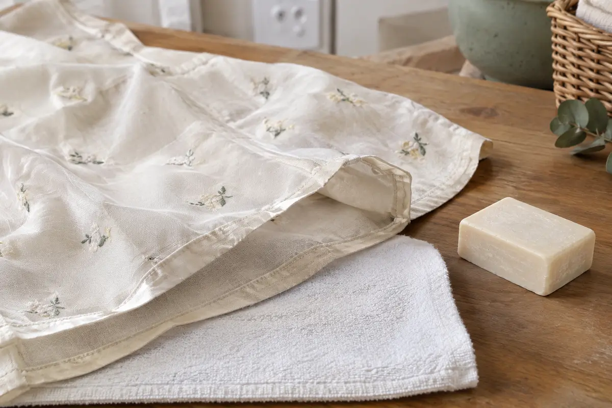 Tissu délicat posé à plat avec un linge blanc sous l’ourlet et un savon détachant à côté