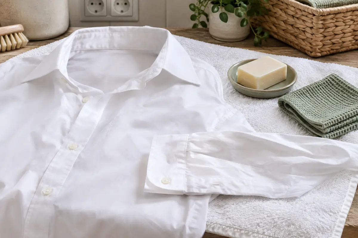 Chemise blanche à plat, col ouvert et poignet déplié près d’un linge absorbant et d’un savon détachant.