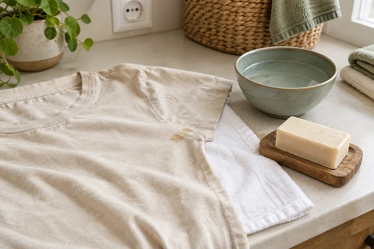 Vêtement posé à plat avec une tache isolée, un linge absorbant dessous et un savon détachant à proximité.