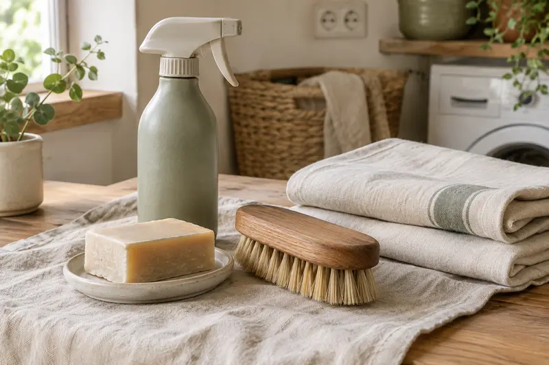 Savon, spray et brosse à linge réunis dans un espace consacré au prétraitement des textiles